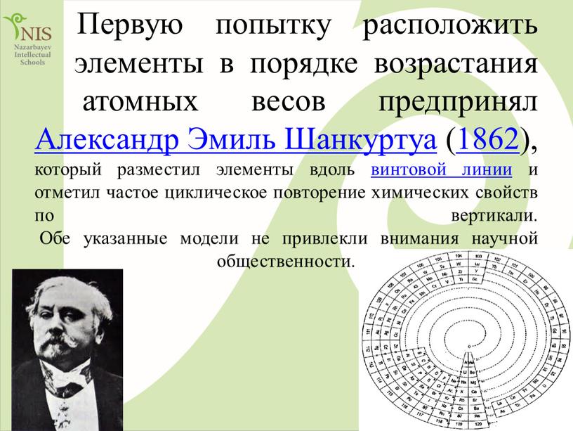 Первую попытку расположить элементы в порядке возрастания атомных весов предпринял