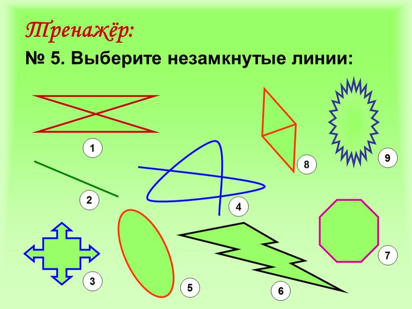 Тренажёр: № 5. Выберите незамкнутые линии: 1 2 3 5 6 7 4 8 9