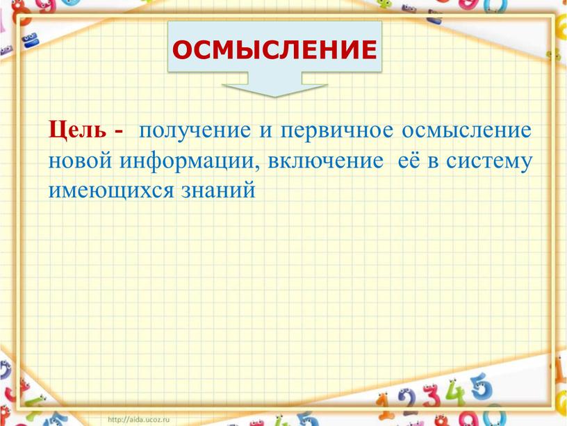 ОСМЫСЛЕНИЕ Цель - получение и первичное осмысление новой информации, включение её в систему имеющихся знаний