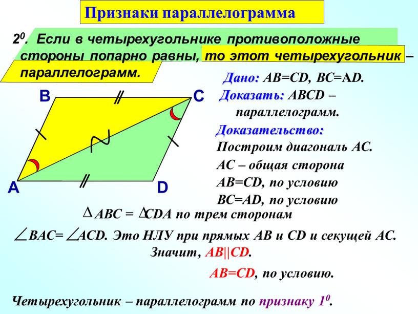 Если в четырехугольнике противоположные стороны попарно равны, то этот четырехугольник – параллелограмм