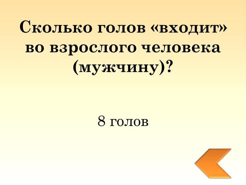 Сколько голов «входит» во взрослого человека (мужчину)? 8 голов