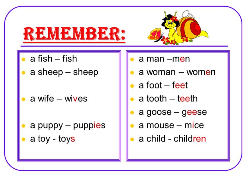 Remember: a man –men a woman – women a foot – feet a tooth – teeth a goose – geese a mouse – mice a…