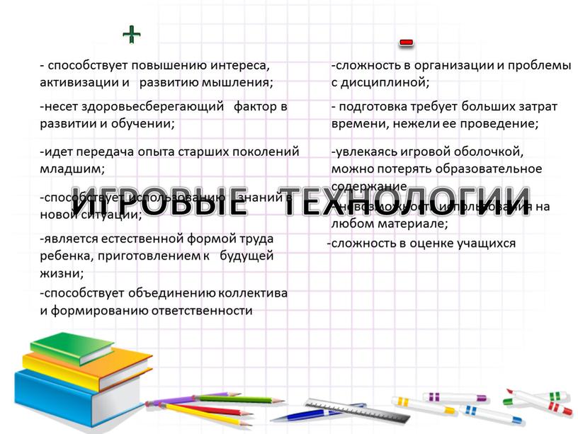 ИГРОВЫЕ ТЕХНОЛОГИИ + - является естественной формой труда ребенка, приготовлением к будущей жизни; способствует повышению интереса, активизации и развитию мышления; несет здоровьесберегающий фактор в развитии…