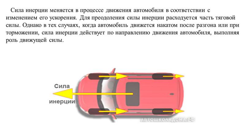 Сила инерции меняется в процессе движения автомобиля в соответствии с изменением его ускорения