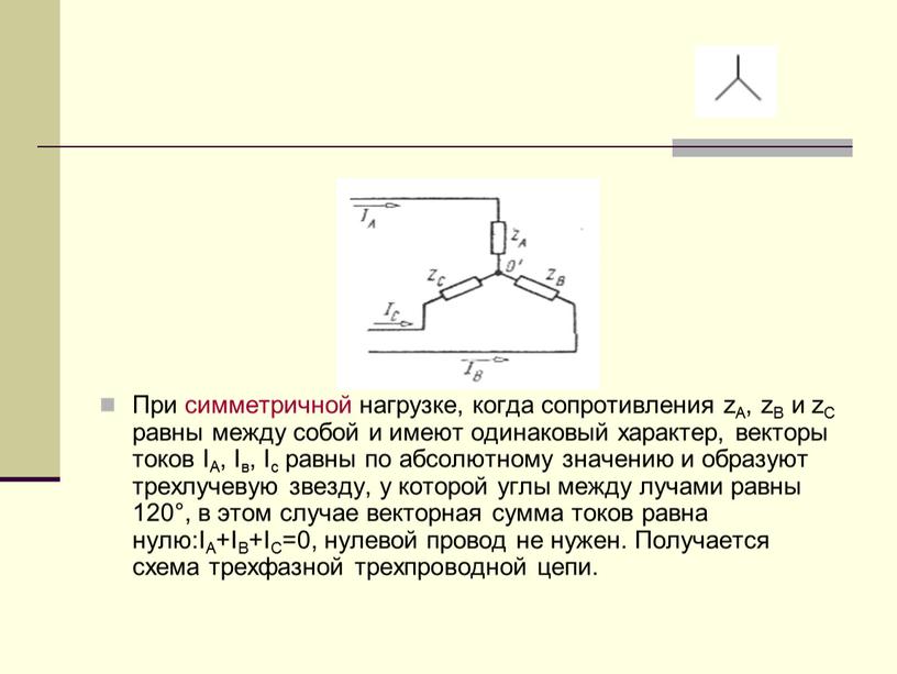 При симметричной нагрузке, когда сопротивления zA, zB и zC равны между собой и имеют одинаковый характер, векторы токов