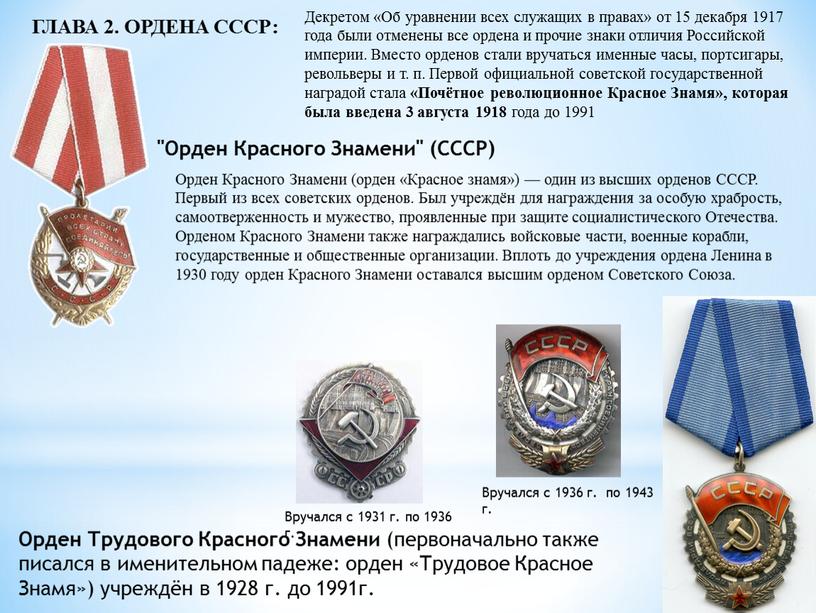 ГЛАВА 2. ОРДЕНА СССР: Декретом «Об уравнении всех служащих в правах» от 15 декабря 1917 года были отменены все ордена и прочие знаки отличия