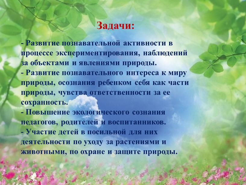 Задачи: - Развитие познавательной активности в процессе экспериментирования, наблюдений за объектами и явлениями природы