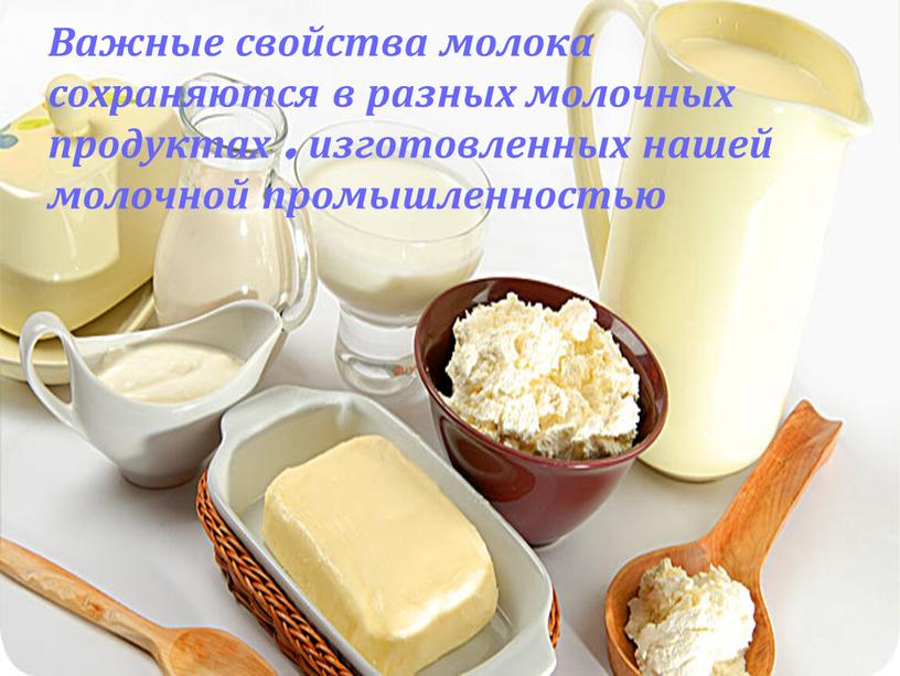 Важные свойства молока сохраняются в разных молочных продуктах , изготовленных нашей молочной промышленностью
