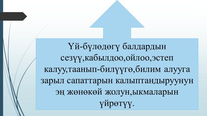 Үй-бүлөдөгү балдардын сезүү,кабылдоо,ойлоо,эстеп калуу,таанып-билүүгө,билим алууга зарыл сапаттарын калыптандыруунун эң жөнөкөй жолун,ыкмаларын үйрөтүү.