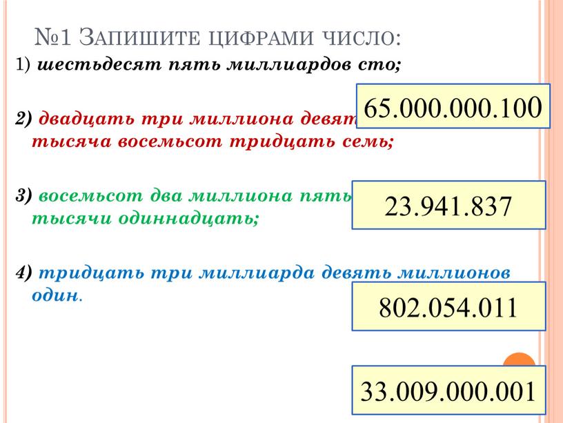 Запишите цифрами число: 1) шестьдесят пять миллиардов сто; 2) двадцать три миллиона девятьсот сорок одна тысяча восемьсот тридцать семь; 3) восемьсот два миллиона пятьдесят четыре…