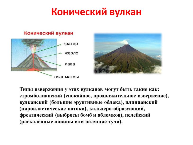 Конический вулкан Типы извержения у этих вулканов могут быть такие как: стромболианский (спокойное, продолжительное извержение), вулканский (большие эруптивные облака), плинианский (пирокластические потоки), кальдеро-образующий, фреатический (выбросы…
