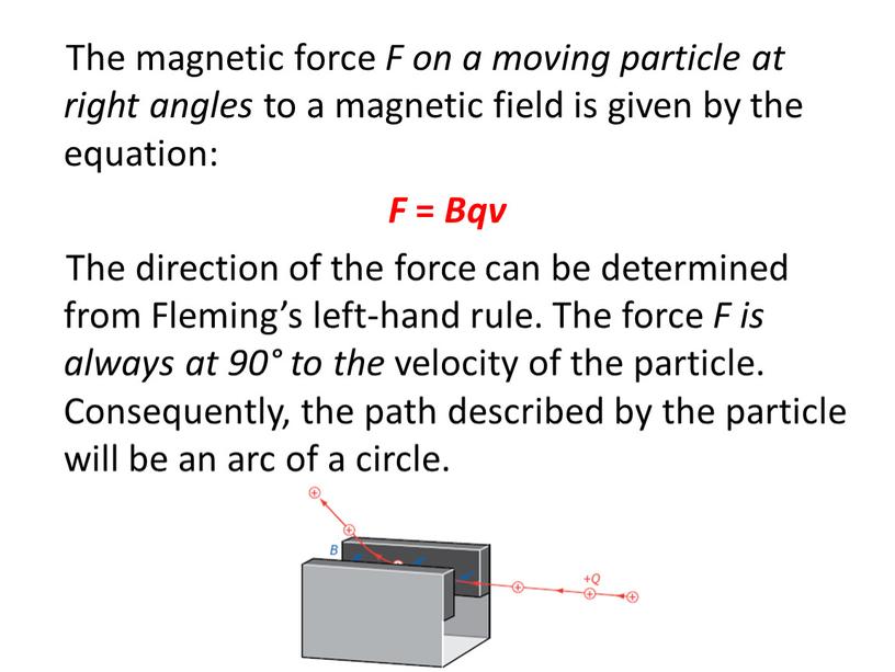 The magnetic force F on a moving particle at right angles to a magnetic field is given by the equation: