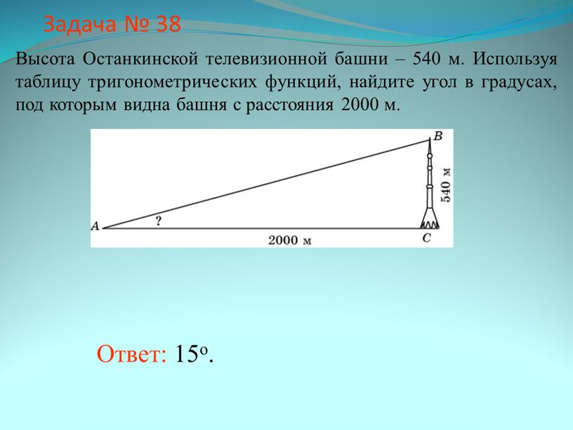 Задача № 38 Ответ: 15о. Высота