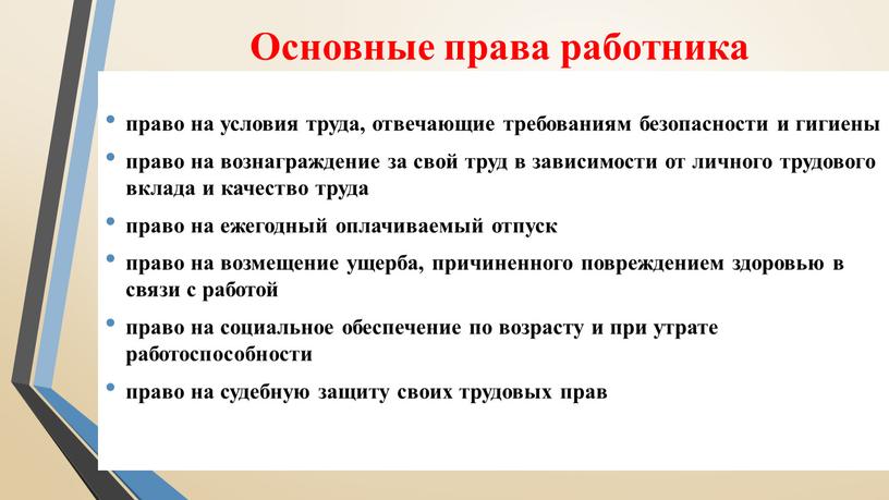 Основные права работника право на условия труда, отвечающие требованиям безопасности и гигиены право на вознаграждение за свой труд в зависимости от личного трудового вклада и…