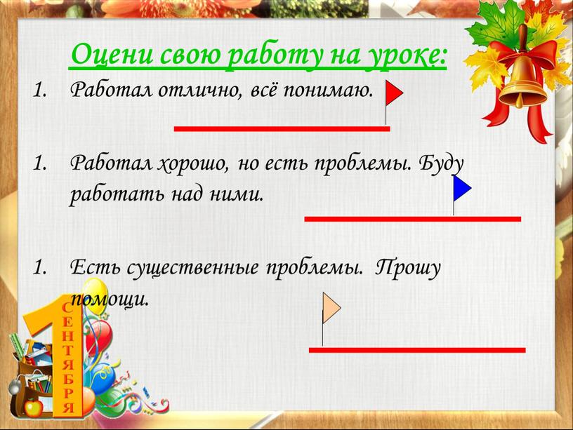 Оцени свою работу на уроке: Работал отлично, всё понимаю