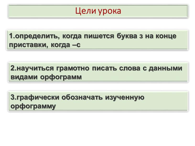 Цели урока 1.определить, когда пишется буква з на конце приставки, когда –с 2