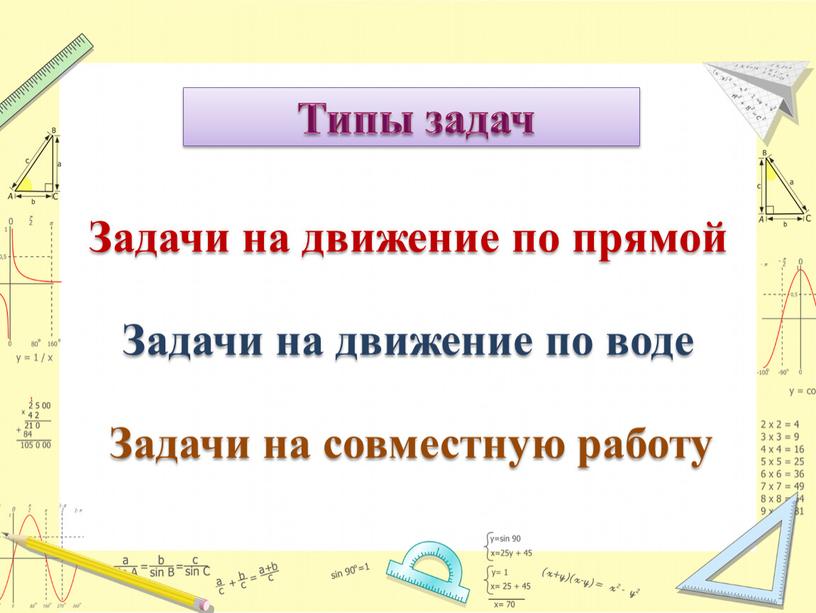 Типы задач Задачи на движение по прямой