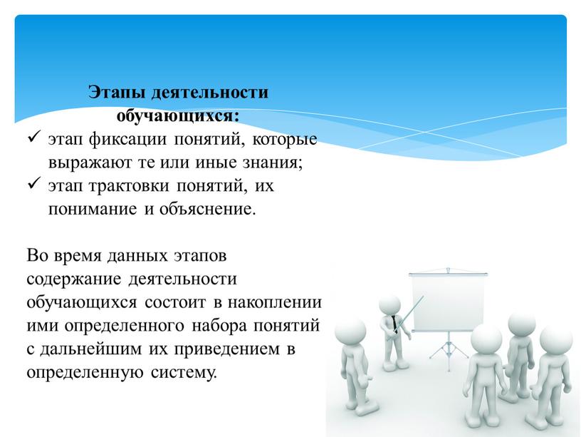 Этапы деятельности обучающихся: этап фиксации понятий, которые выражают те или иные знания; этап трактовки понятий, их понимание и объяснение