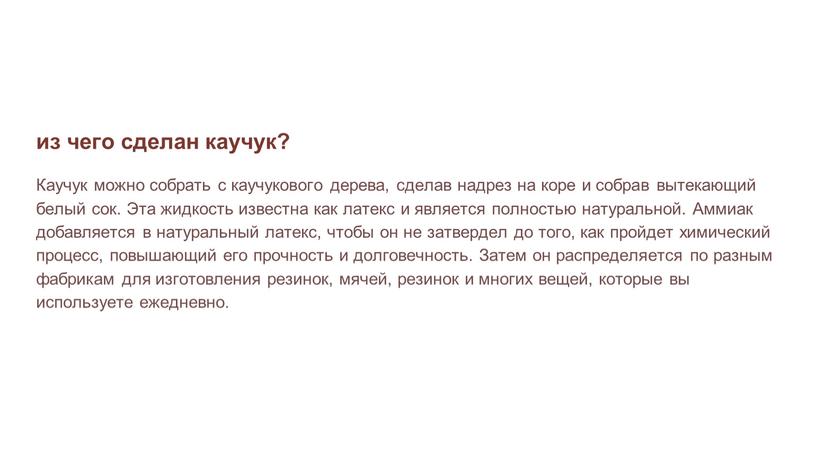 Каучук можно собрать с каучукового дерева, сделав надрез на коре и собрав вытекающий белый сок