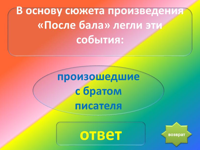 В основу сюжета произведения «После бала» легли эти события: произошедшие с братом писателя ответ возврат