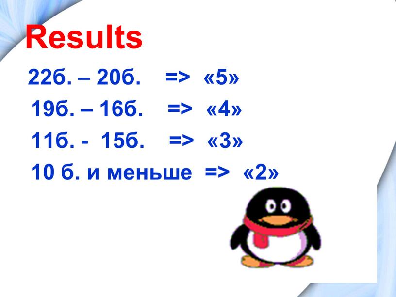Results 22б. – 20б. => «5» 19б