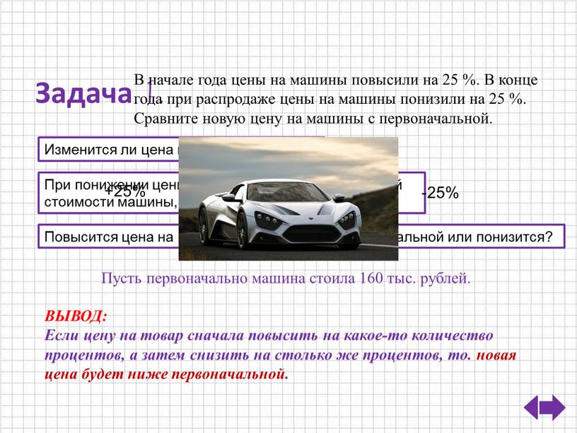 Задача 1. В начале года цены на машины повысили на 25 %