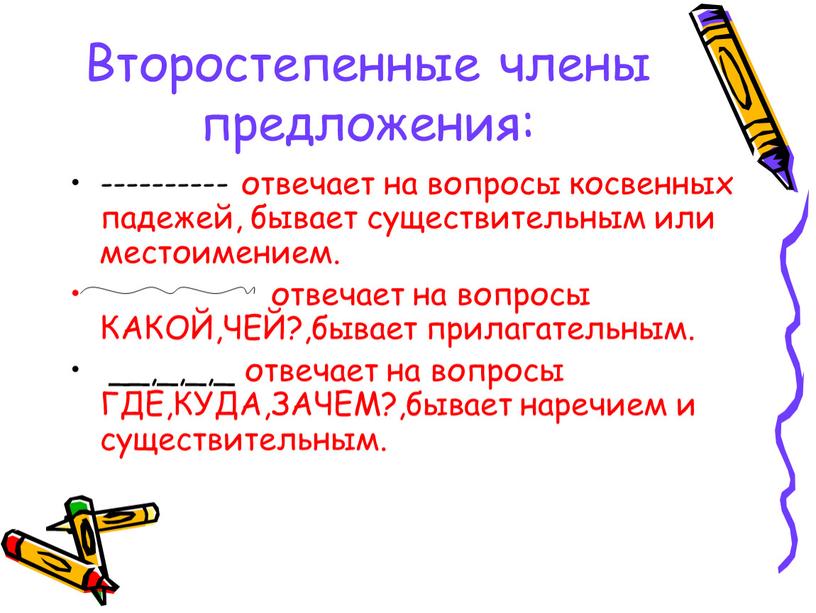 Второстепенные члены предложения: ---------- отвечает на вопросы косвенных падежей, бывает существительным или местоимением