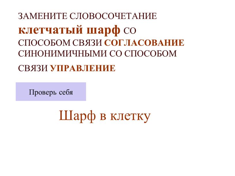 ЗАМЕНИТЕ СЛОВОСОЧЕТАНИЕ клетчатый шарф