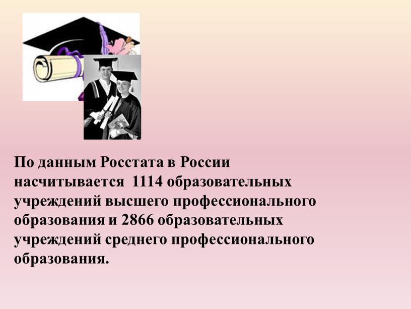 По данным Росстата в России насчитывается 1114 образовательных учреждений высшего профессионального образования и 2866 образовательных учреждений среднего профессионального образования