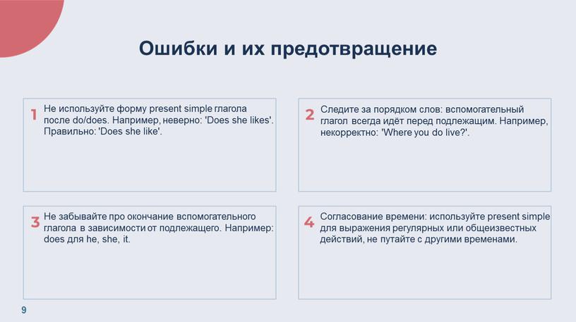 Ошибки и их предотвращение Не забывайте про окончание вспомогательного глагола в зависимости от подлежащего