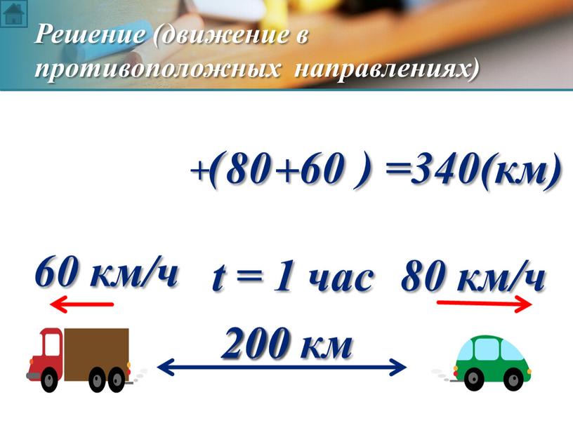 Решение (движение в противоположных направлениях) 200 км 60 60 км/ч 80 80 км/ч + + =340(км) ( ) t = 1 час