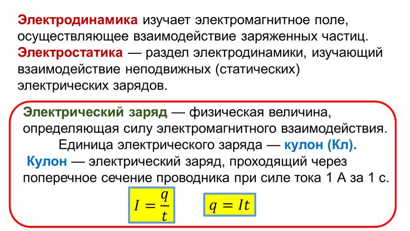 Электродинамика изучает электромагнитное поле, осуществляющее взаимодействие заряженных частиц