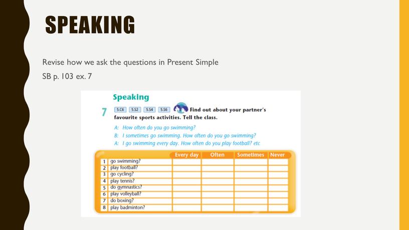 Speaking Revise how we ask the questions in