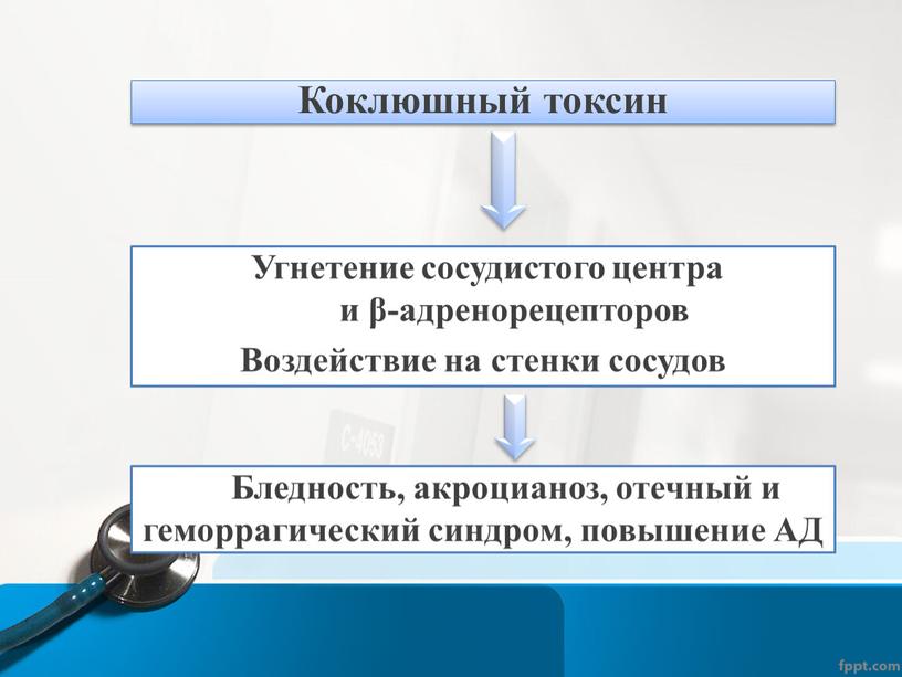 Коклюшный токсин Угнетение сосудистого центра и β-адренорецепторов