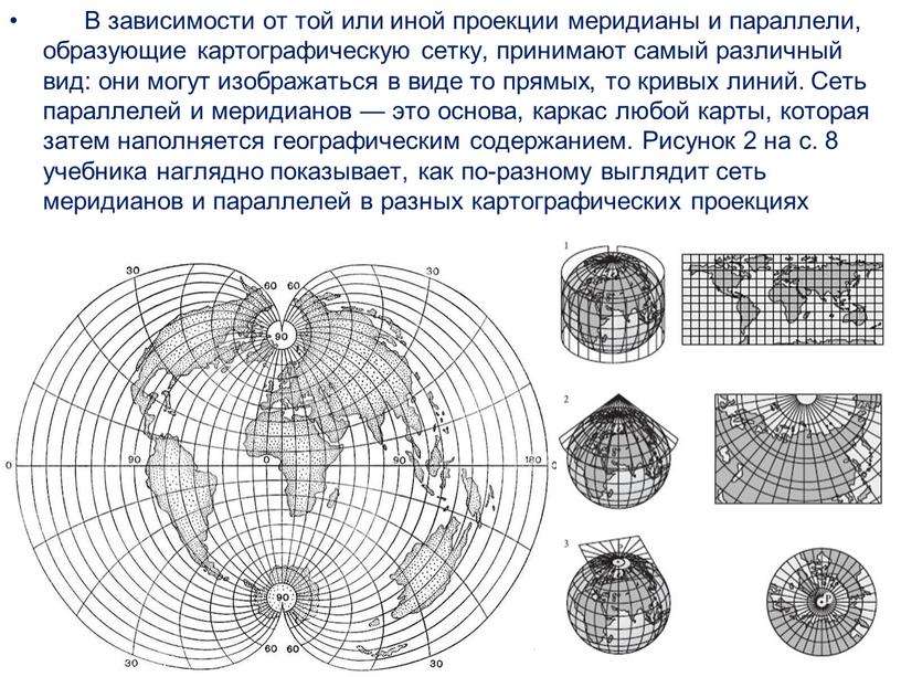 В зависимости от той или иной проекции меридианы и параллели, образующие картографическую сетку, принимают самый различный вид: они могут изображаться в виде то прямых, то…
