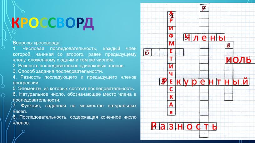 Вопросы кроссворда: 1. Числовая последовательность, каждый член которой, начиная со второго, равен предыдущему члену, сложенному с одним и тем же числом