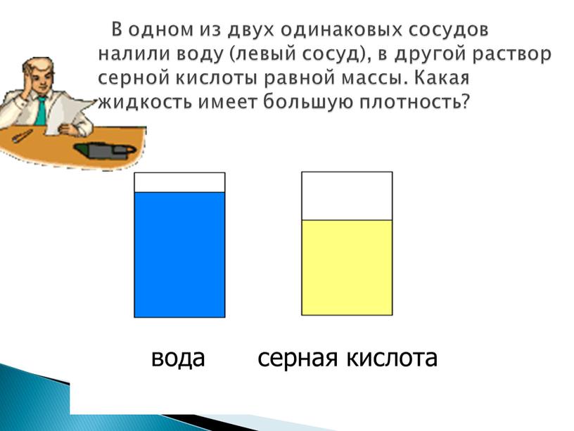 В одном из двух одинаковых сосудов налили воду (левый сосуд), в другой раствор серной кислоты равной массы