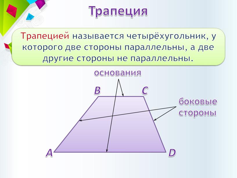 Трапеция Трапецией называется четырёхугольник, у которого две стороны параллельны, а две другие стороны не параллельны