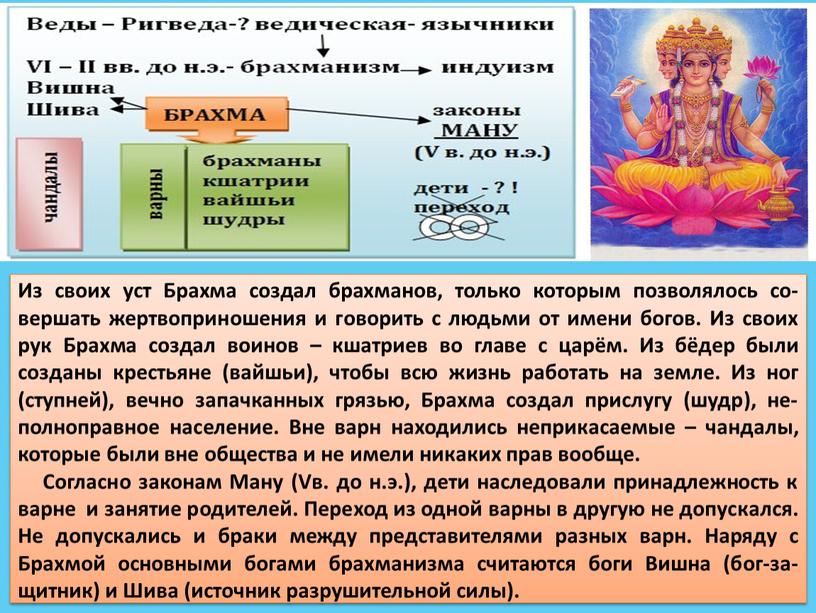Из своих уст Брахма создал брахманов, только которым позволялось со-вершать жертвоприношения и говорить с людьми от имени богов