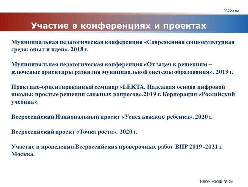 Участие в конференциях и проектах 2022 год