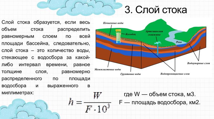 Слой стока Слой стока образуется, если весь объем стока распределить равномерным слоем по всей площади бассейна, следовательно, слой стока – это количество воды, стекающее с…