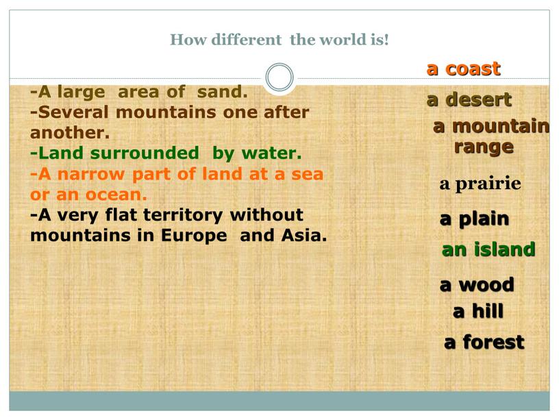 How different the world is! a prairie a coast a desert an island a plain a hill a mountain range a forest a wood -A…