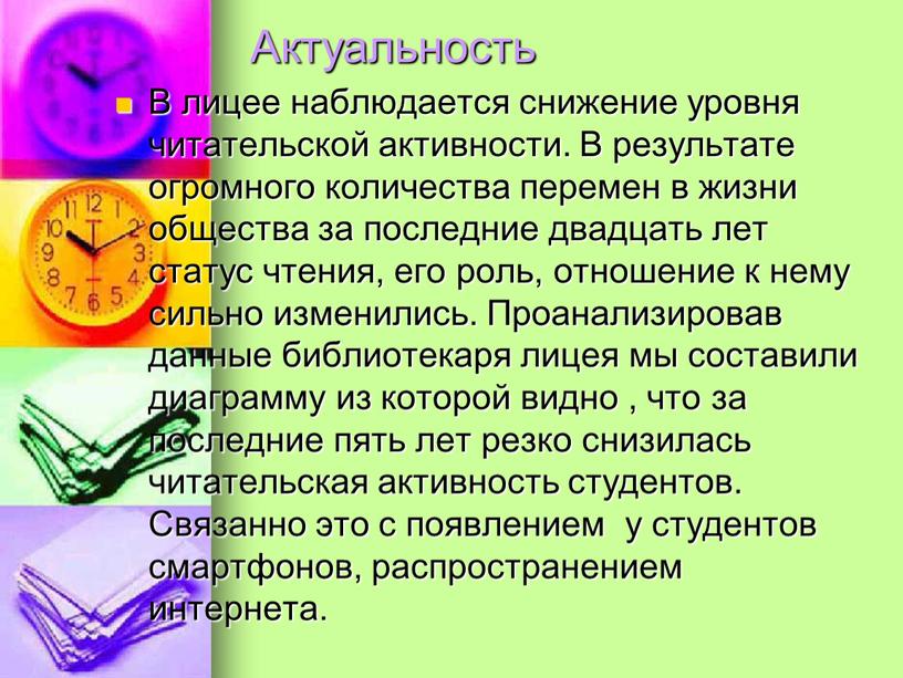 Актуальность В лицее наблюдается снижение уровня читательской активности