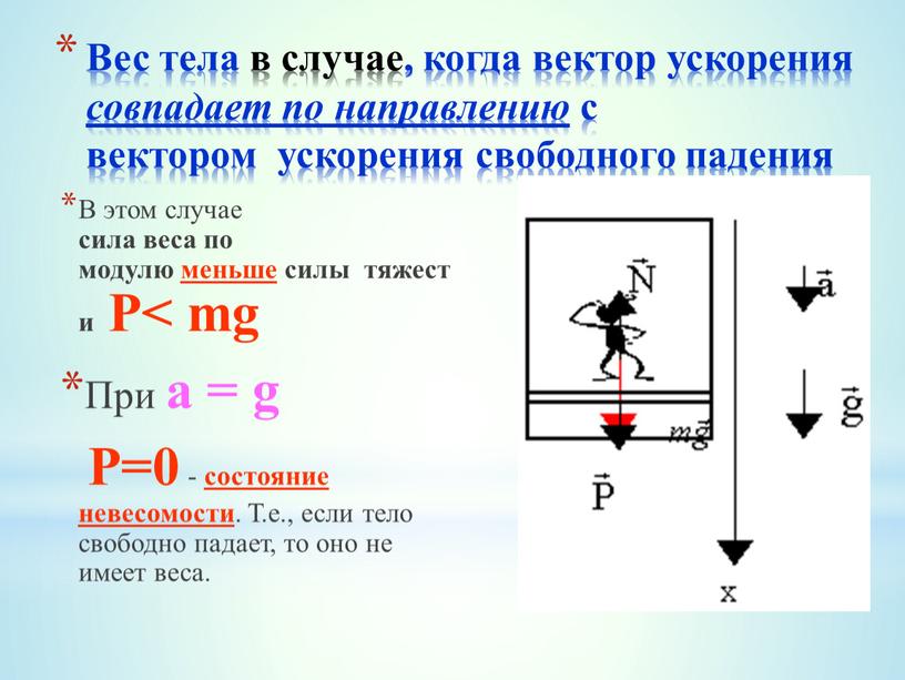 Вес тела в случае, когда вектор ускорения совпадает по направлению с вектором ускорения свободного падения