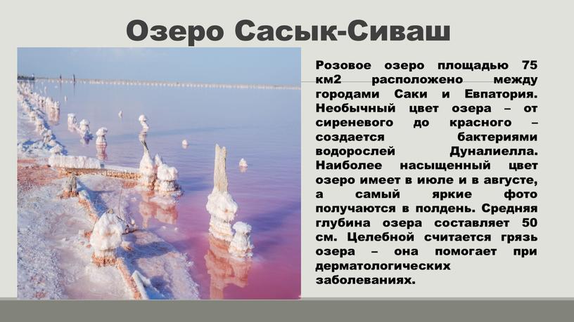 Озеро Сасык-Сиваш Розовое озеро площадью 75 км2 расположено между городами