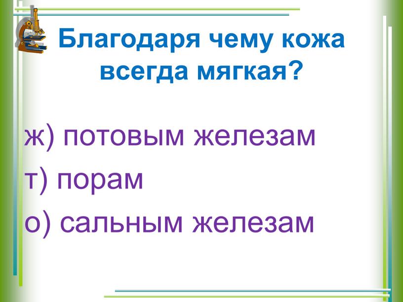 Благодаря чему кожа всегда мягкая? ж) потовым железам т) порам о) сальным железам