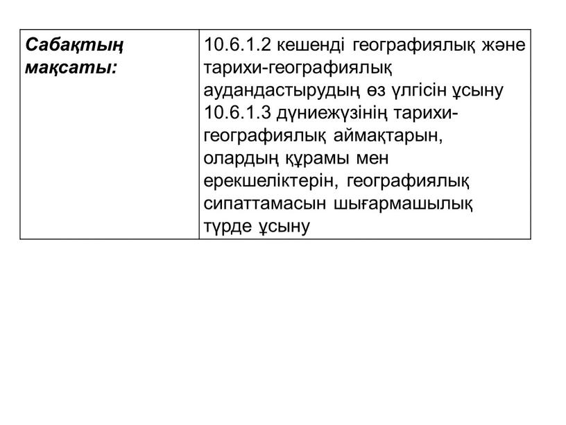 Сабақтың мақсаты: 10.6.1.2 кешенді географиялық және тарихи-географиялық аудандастырудың өз үлгісін ұсыну 10