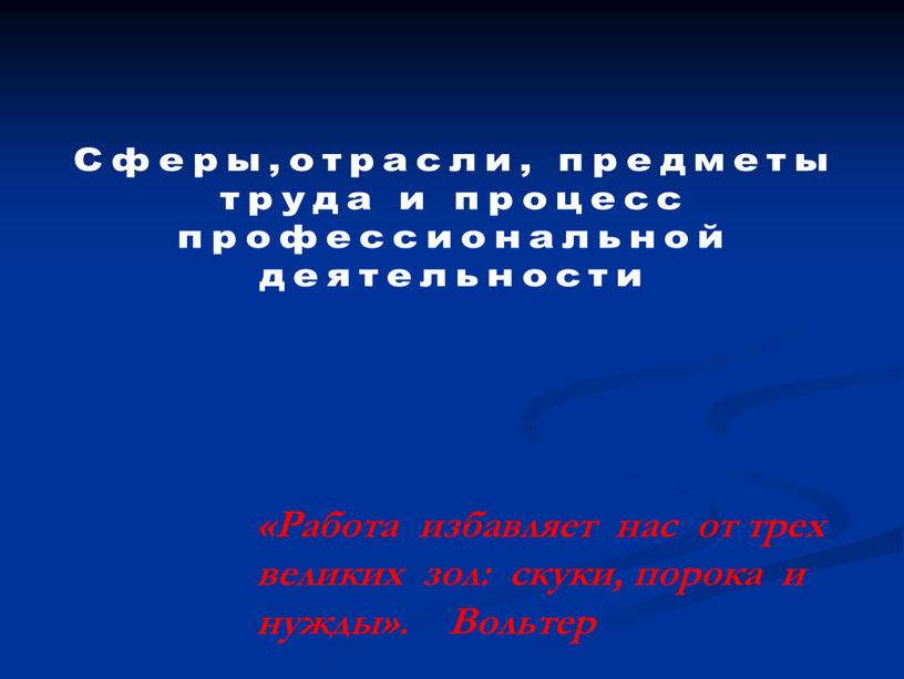 Сферы,отрасли, предметы труда и процесс профессиональной деятельности «Работа избавляет нас от трех великих зол: скуки, порока и нужды»