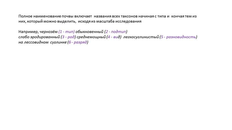 Полное наименование почвы включает названия всех таксонов начиная с типа и кончая тем из них, который можно выделить, исходя из масштаба исследования