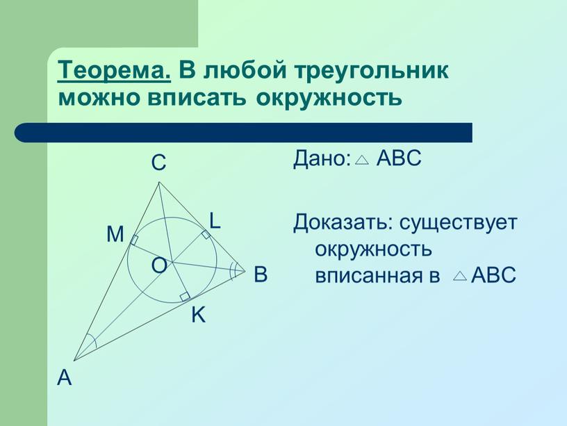 Теорема. В любой треугольник можно вписать окружность